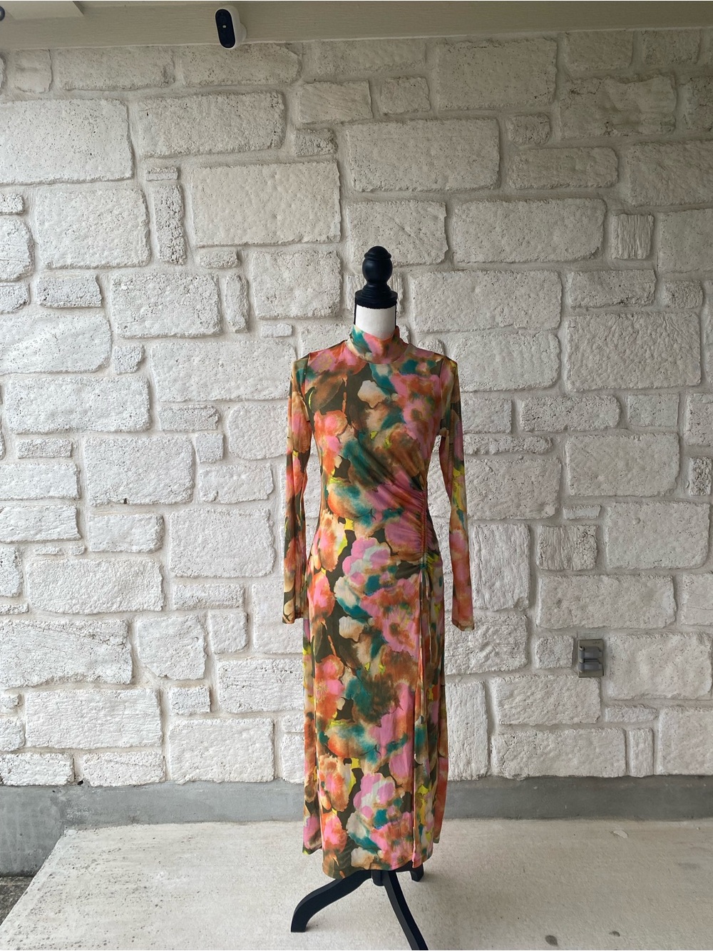 Rails Mona Terra Floral Ruched Sheer Lined Long Sleeve Dress Sz Small